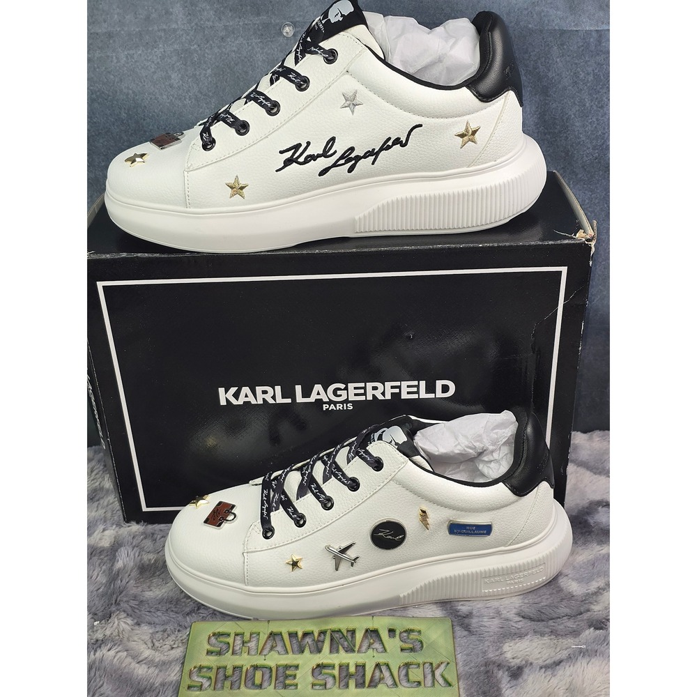 NWB Karl Lagerfeld Justina Sneakers White Black Charms Stars Women Size 9.5 M